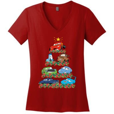 Cars Characters Squad Merry Christmas Tree Cars Magic Kingdom Holiday Women's V-Neck T-Shirt