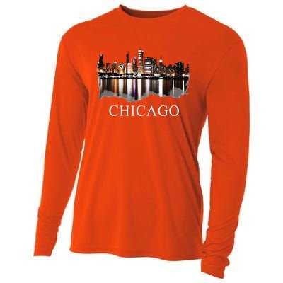 Chicago City Skyline Lights At Night Chicago Illinois USA Cooling Performance Long Sleeve Crew