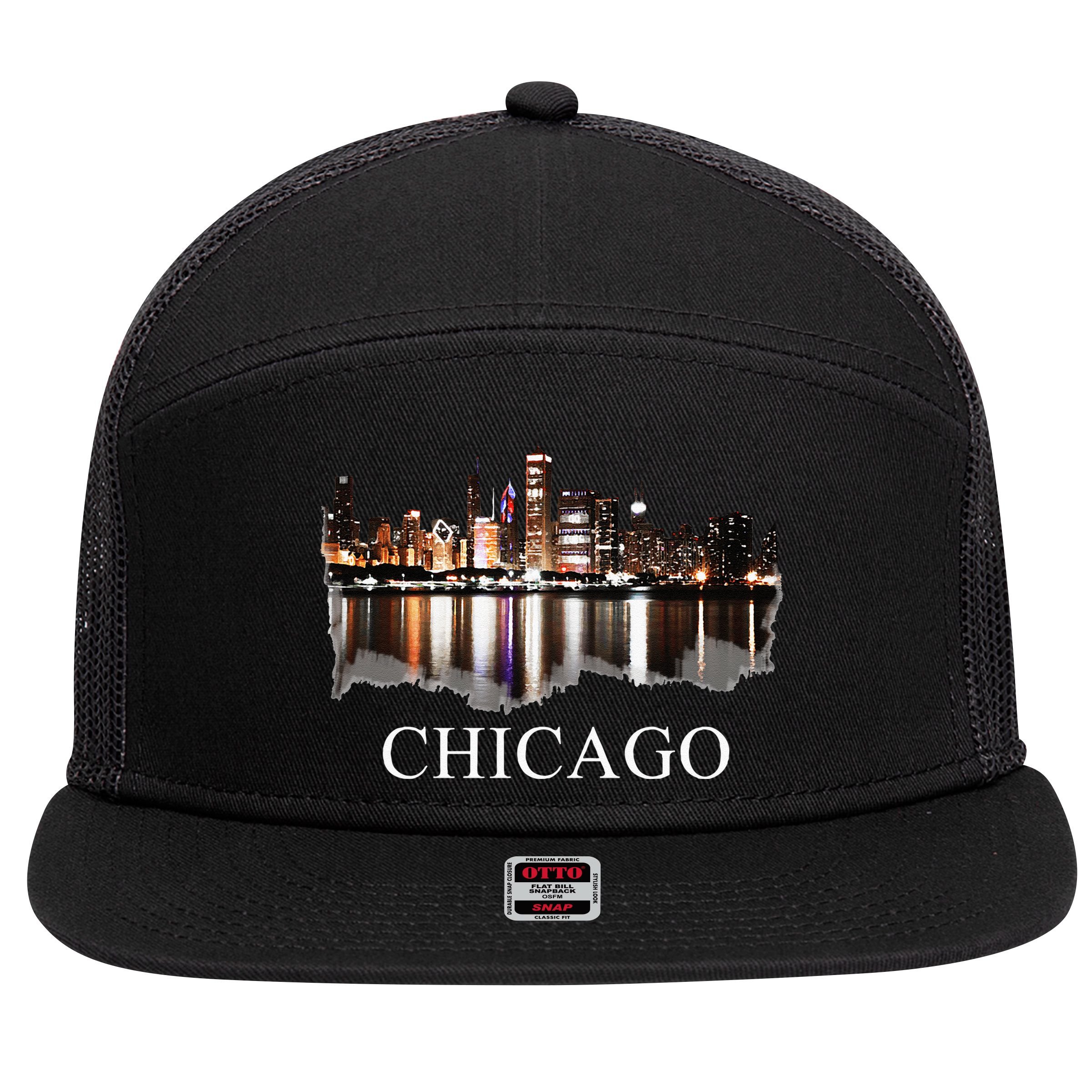 Chicago City Skyline Lights At Night Chicago Illinois USA 7 Panel Mesh Trucker Snapback Hat