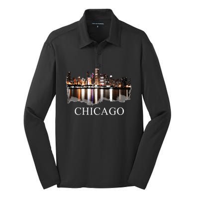 Chicago City Skyline Lights At Night Chicago Illinois USA Silk Touch Performance Long Sleeve Polo