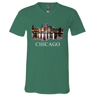 Chicago City Skyline Lights At Night Chicago Illinois USA V-Neck T-Shirt