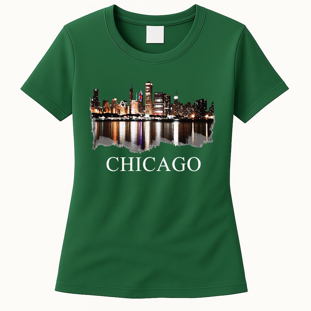 Chicago City Skyline Lights At Night Chicago Illinois USA Womens T-Shirt