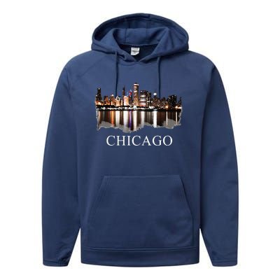 Chicago City Skyline Lights At Night Chicago Illinois USA Performance Fleece Hoodie