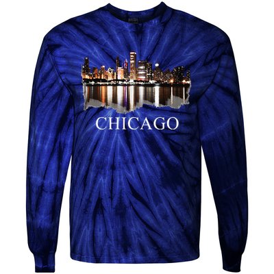 Chicago City Skyline Lights At Night Chicago Illinois USA Tie-Dye Long Sleeve Shirt