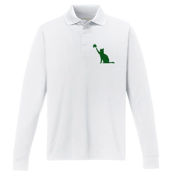 Cute Cat St Patricks Day Clover Lucky Cat Mom Shamrock Cat Performance Long Sleeve Polo