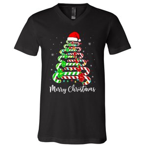 Candy Cane Santa Hat Funny Xmas Tree Merry Christmas YAll V-Neck T-Shirt