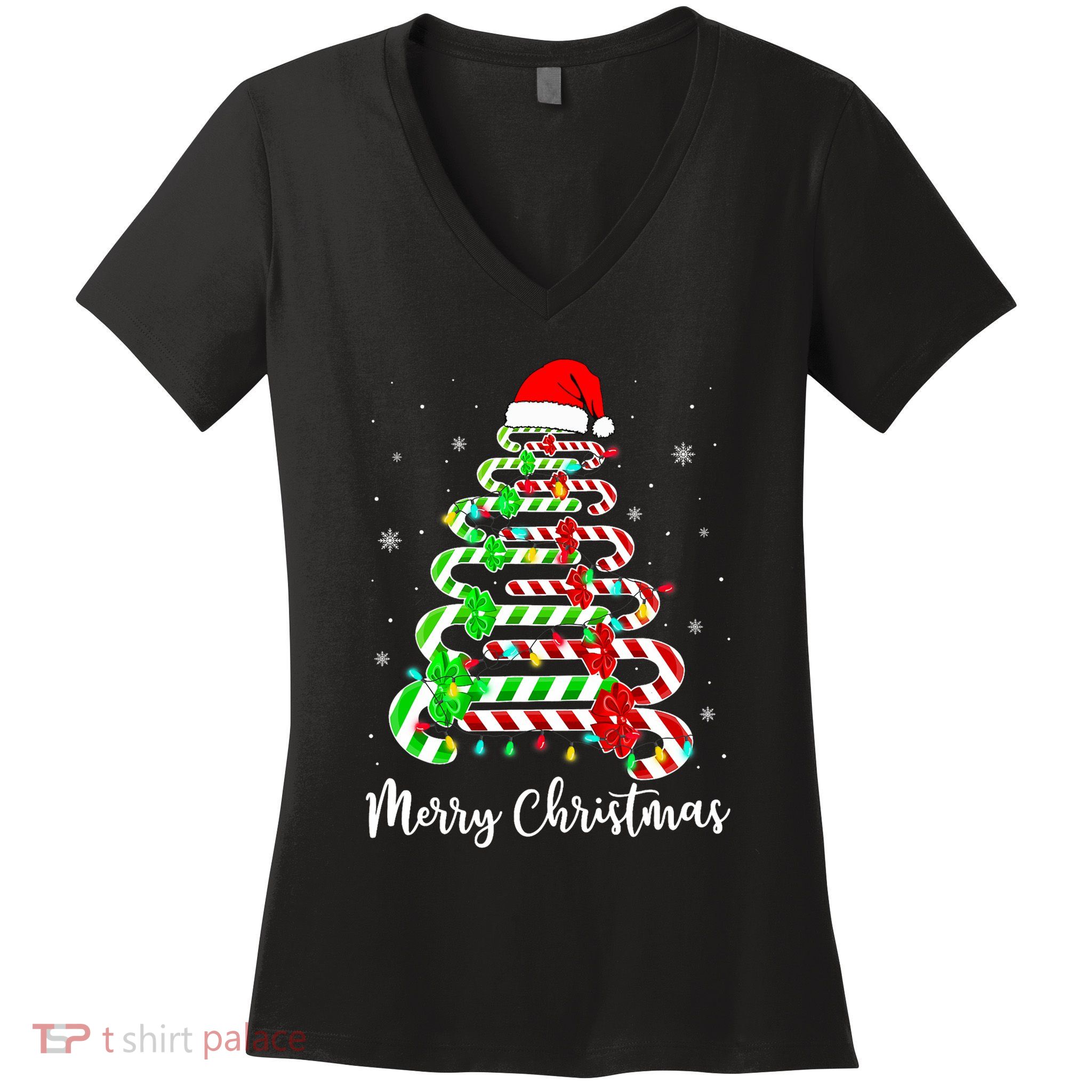Candy Cane Santa Hat Funny Xmas Tree Merry Christmas YAll Women's V-Neck T-Shirt