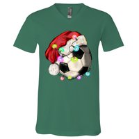 Cool Christmas Soccer Ball With Santa Hat V-Neck T-Shirt