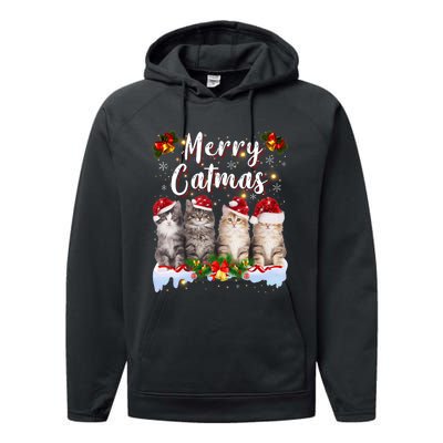 Cat Christmas Santa Hat Funny Merry Catmas Meowy Performance Fleece Hoodie