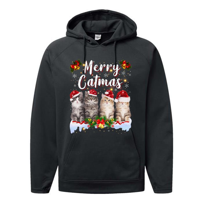 Cat Christmas Santa Hat Funny Merry Catmas Meowy Performance Fleece Hoodie