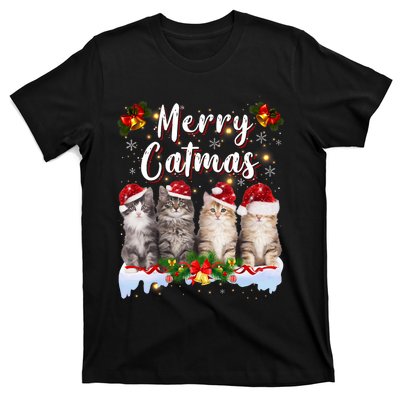 Cat Christmas Santa Hat Funny Merry Catmas Meowy T-Shirt