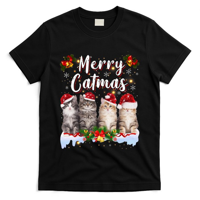 Cat Christmas Santa Hat Funny Merry Catmas Meowy T-Shirt