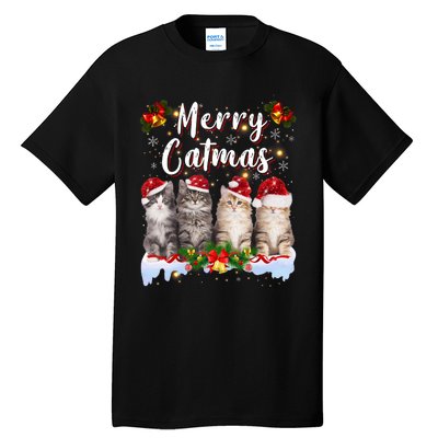 Cat Christmas Santa Hat Funny Merry Catmas Meowy Tall T-Shirt