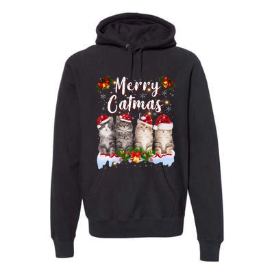 Cat Christmas Santa Hat Funny Merry Catmas Meowy Premium Hoodie