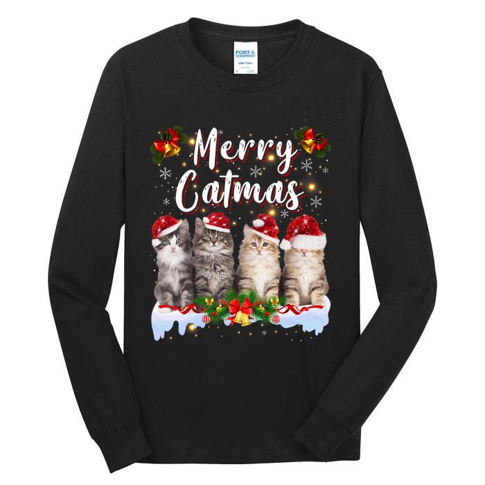 Cat Christmas Santa Hat Funny Merry Catmas Meowy Tall Long Sleeve T-Shirt