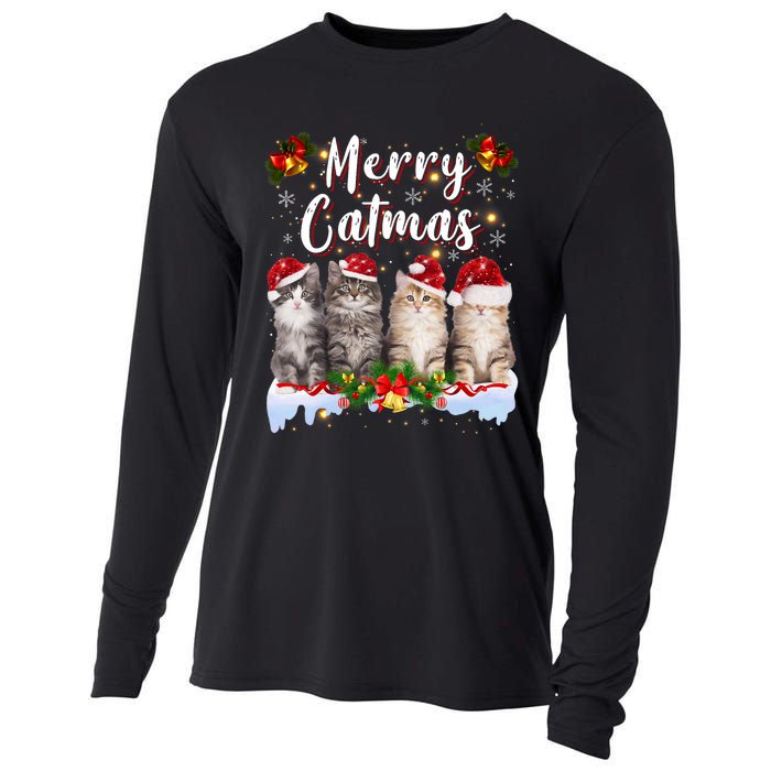 Cat Christmas Santa Hat Funny Merry Catmas Meowy Cooling Performance Long Sleeve Crew