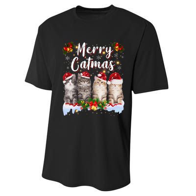 Cat Christmas Santa Hat Funny Merry Catmas Meowy Performance Sprint T-Shirt