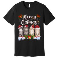 Cat Christmas Santa Hat Funny Merry Catmas Meowy Premium T-Shirt