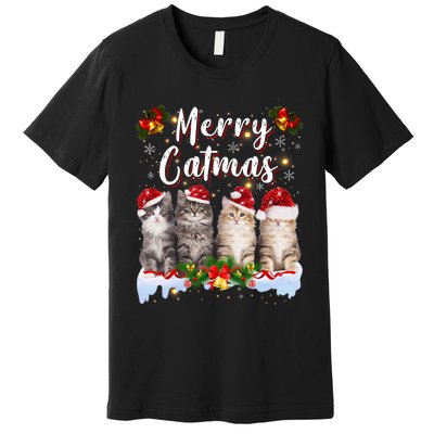 Cat Christmas Santa Hat Funny Merry Catmas Meowy Premium T-Shirt