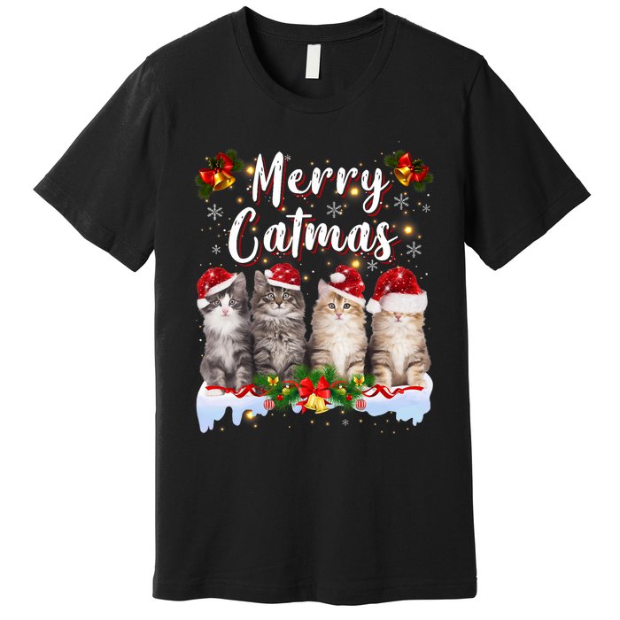 Cat Christmas Santa Hat Funny Merry Catmas Meowy Premium T-Shirt