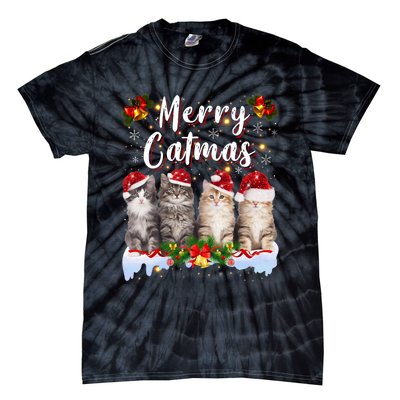 Cat Christmas Santa Hat Funny Merry Catmas Meowy Tie-Dye T-Shirt