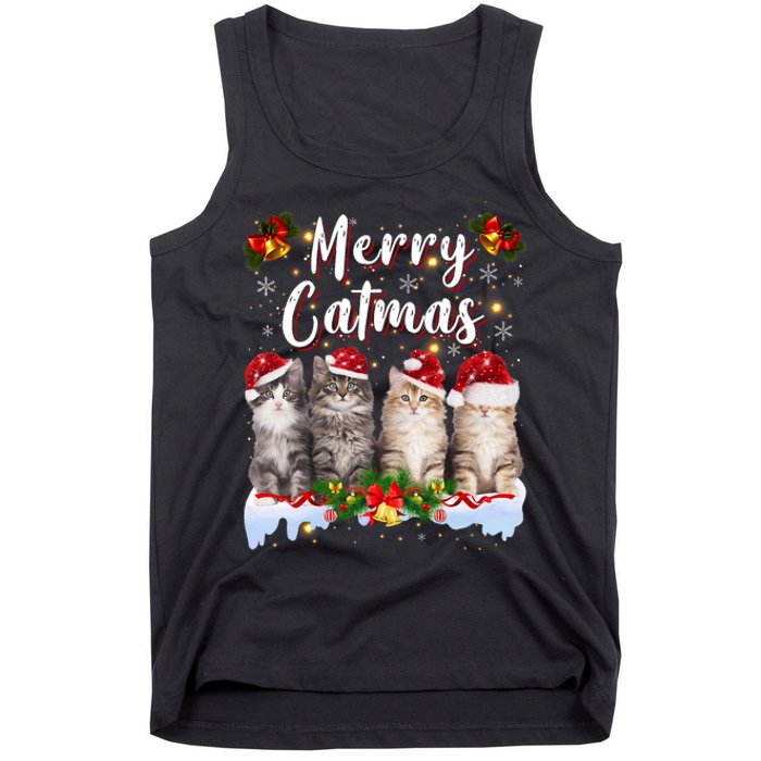 Cat Christmas Santa Hat Funny Merry Catmas Meowy Tank Top