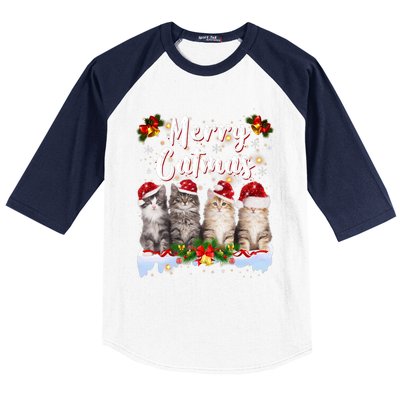 Cat Christmas Santa Hat Funny Merry Catmas Meowy Baseball Sleeve Shirt