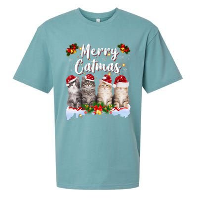 Cat Christmas Santa Hat Funny Merry Catmas Meowy Sueded Cloud Jersey T-Shirt