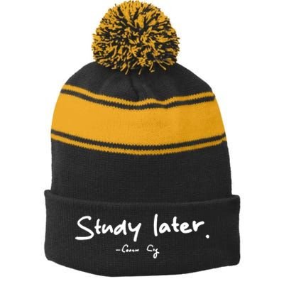 Coach Cig Study Later Stripe Pom Pom Beanie