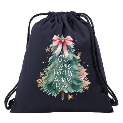 Coquette Christmas Tree Oh Come Let Us Adore Him Jesus Swea Drawstring Bag