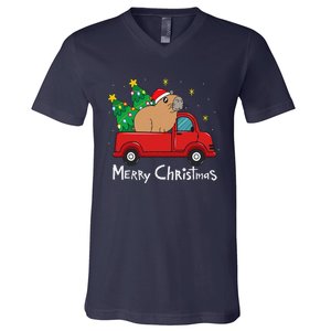 Capybara Christmas Truck Funny Tree Gift V-Neck T-Shirt