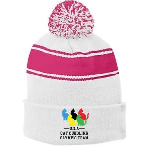 Cat Cuddling Team Stripe Pom Pom Beanie