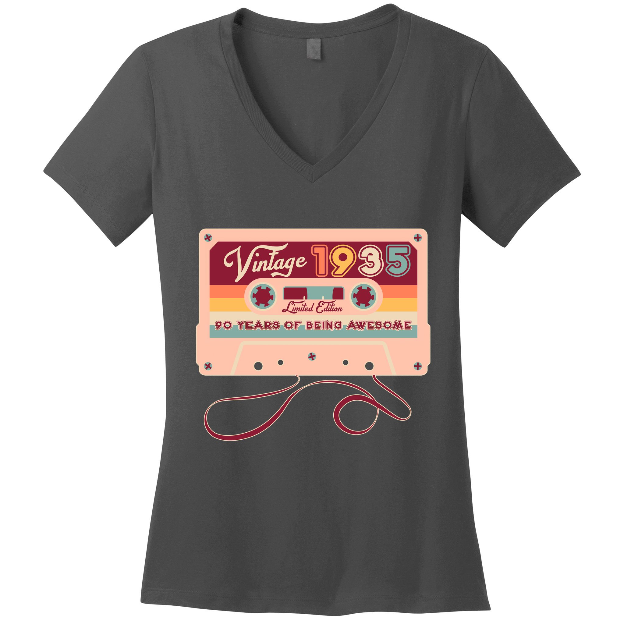 Cute Cassette Tape Limited Edition Vintage 1935 90 Years Of Being Awesome Women's V-Neck T-Shirt