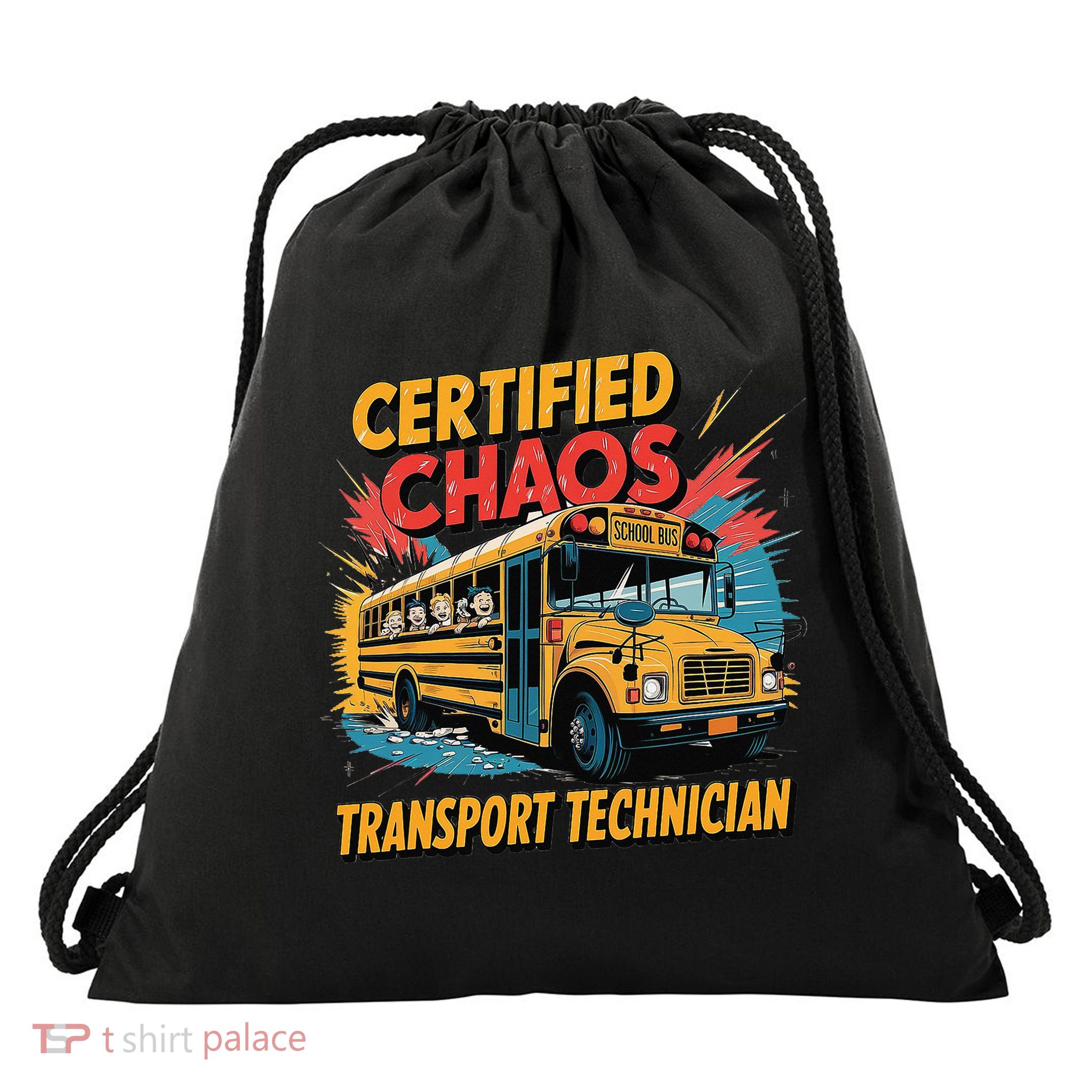 Certified Chaos Transport Technician Funny School Bus Drawstring Bag