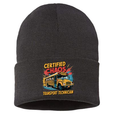 Certified Chaos Transport Technician Funny School Bus Sustainable Knit Beanie