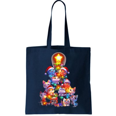 Cat Christmas Tree Light Santa Hat Festive Cat Lovers Tote Bag