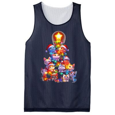 Cat Christmas Tree Light Santa Hat Festive Cat Lovers Mesh Reversible Basketball Jersey Tank