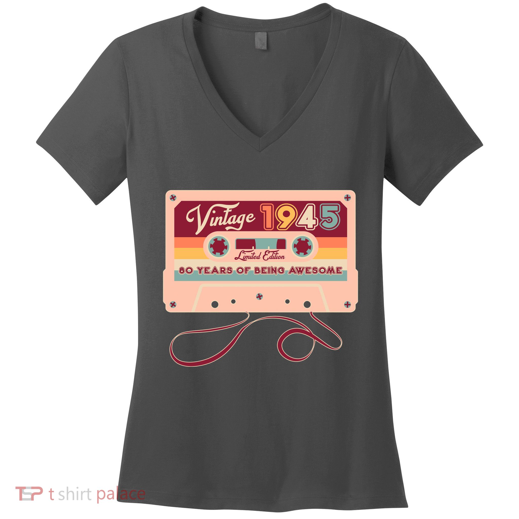 Cute Cassette Tape Limited Edition Vintage 1945 80 Years Of Being Awesome Women's V-Neck T-Shirt