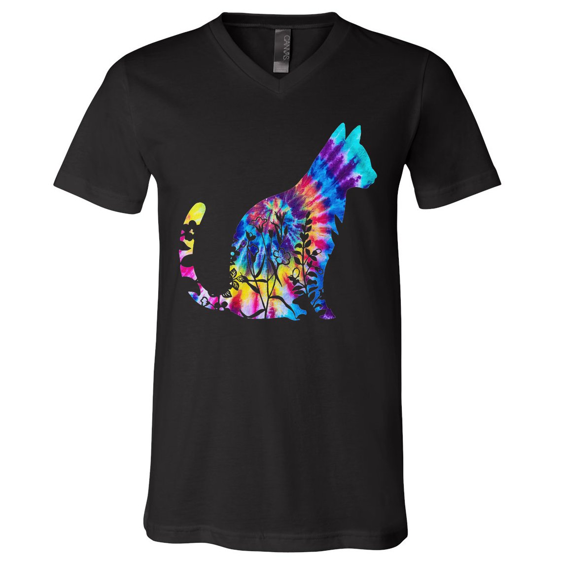Cute Cat Tie Dye Cat Floral Cool Cat Lover V-Neck T-Shirt
