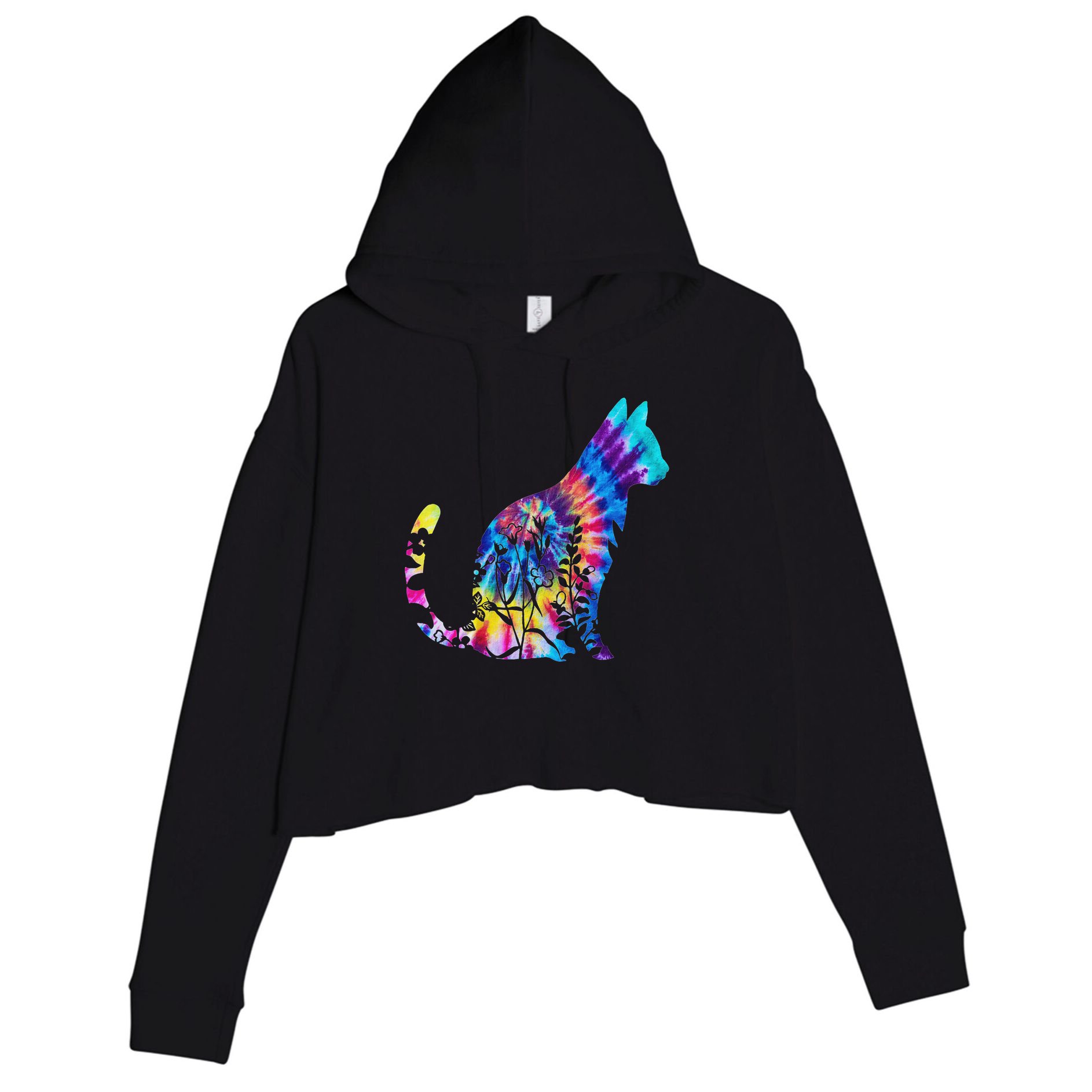 Cute Cat Tie Dye Cat Floral Cool Cat Lover Crop Fleece Hoodie