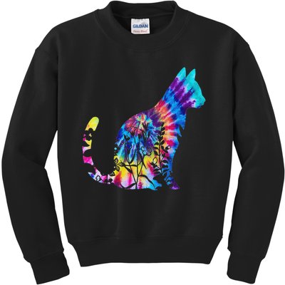 Cute Cat Tie Dye Cat Floral Cool Cat Lover Kids Sweatshirt