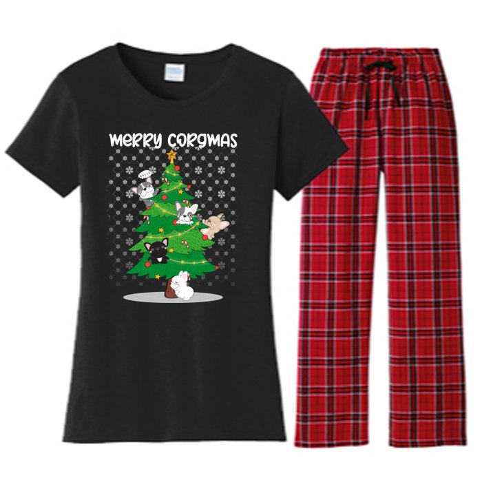 Corgi Christmas Tree Dog Santa Merry Dogmas Women's Flannel Pajama Set