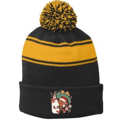 Cute Christmas Tis The Season Retro Cartoon Santa Cookie And Milk Stripe Pom Pom Beanie