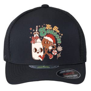 Cute Christmas Tis The Season Retro Cartoon Santa Cookie And Milk Flexfit Unipanel Trucker Cap