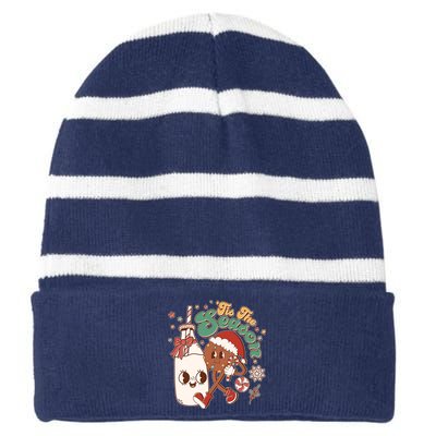 Cute Christmas Tis The Season Retro Cartoon Santa Cookie And Milk Striped Beanie with Solid Band