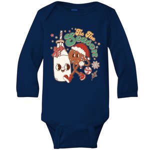 Cute Christmas Tis The Season Retro Cartoon Santa Cookie And Milk Baby Long Sleeve Bodysuit