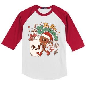 Cute Christmas Tis The Season Retro Cartoon Santa Cookie And Milk Kids Colorblock Raglan Jersey