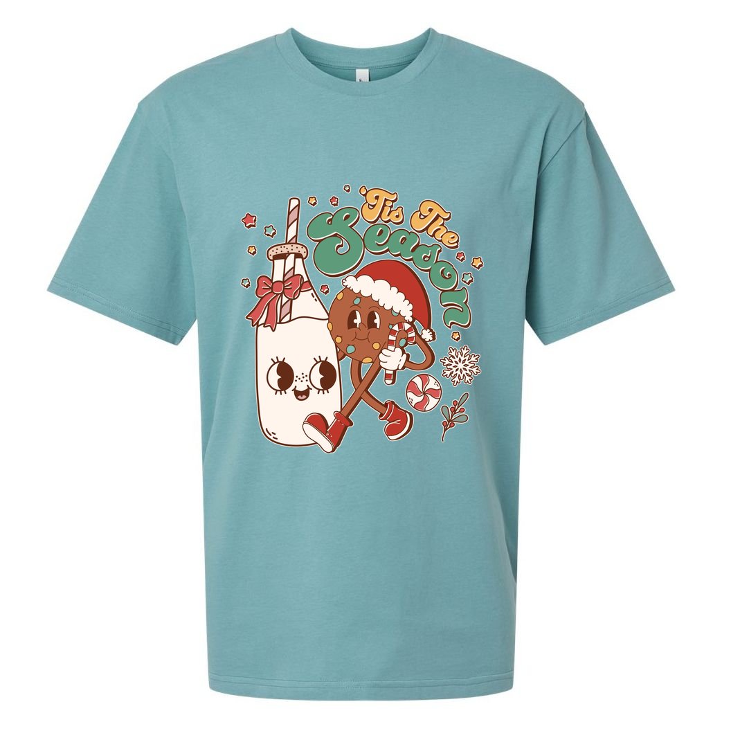 Cute Christmas Tis The Season Retro Cartoon Santa Cookie And Milk Sueded Cloud Jersey T-Shirt