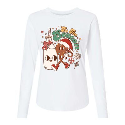 Cute Christmas Tis The Season Retro Cartoon Santa Cookie And Milk Womens Cotton Relaxed Long Sleeve T-Shirt