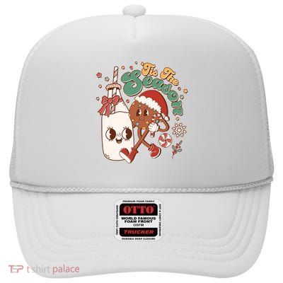 Cute Christmas Tis The Season Retro Cartoon Santa Cookie And Milk High Crown Mesh Back Trucker Hat